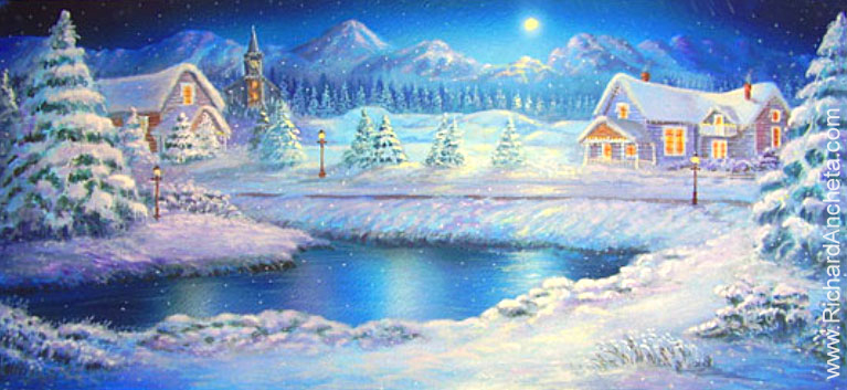 Theater stage backdrops - sketch of  winter landscape moonlight of snowy county of mount tremblant design by Richard Ancheta - Montreal.